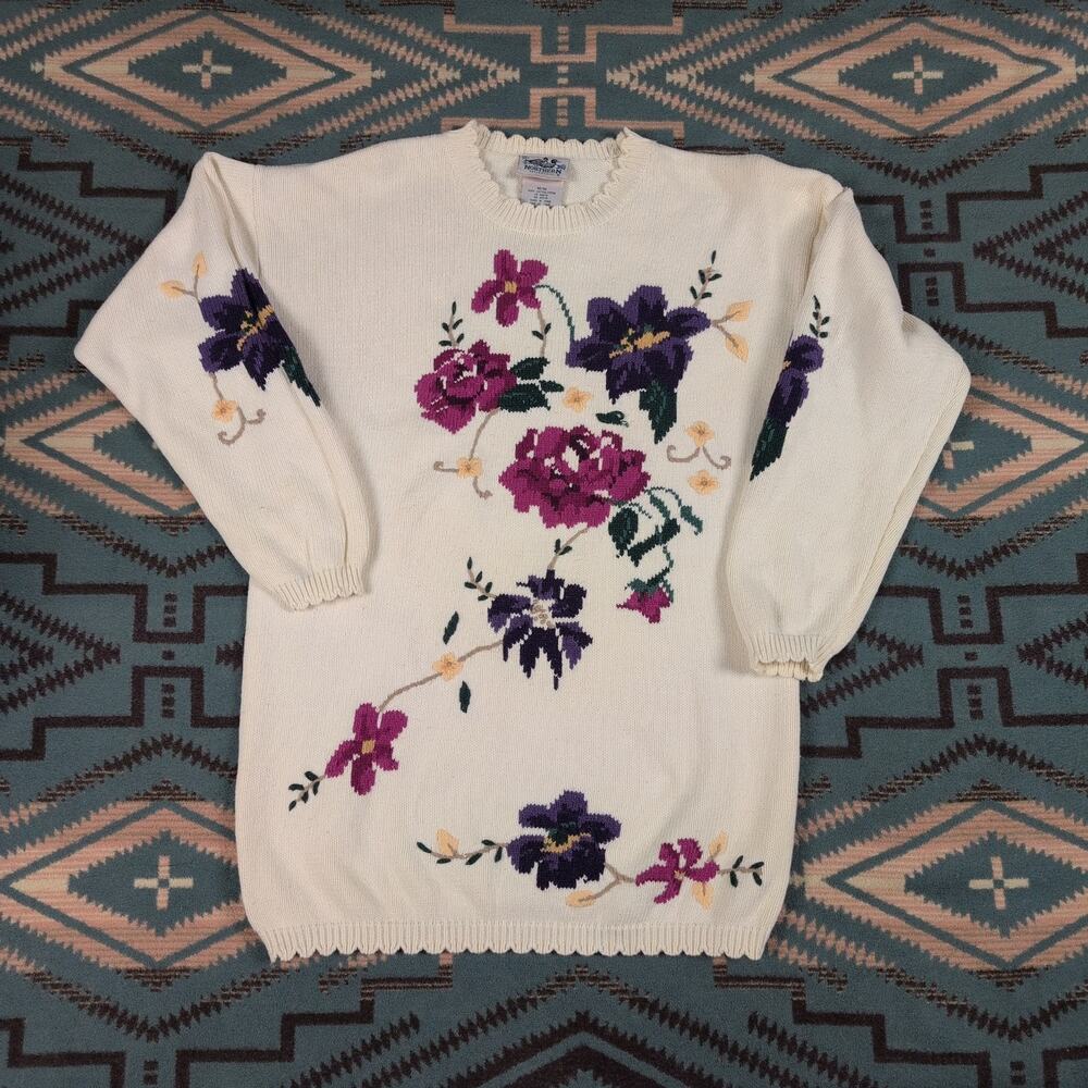 Northern Reflections Vintage Floral Embroidered Crewneck Knit Sweater Medium